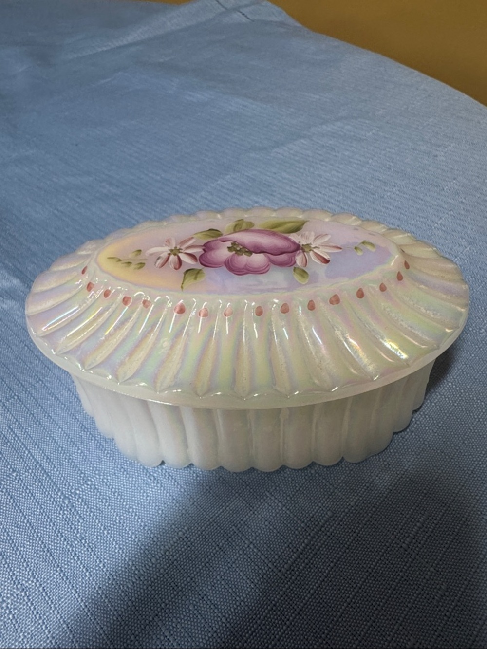 Fenton Glass hand painted Opalescent Trinket Box w/Lid